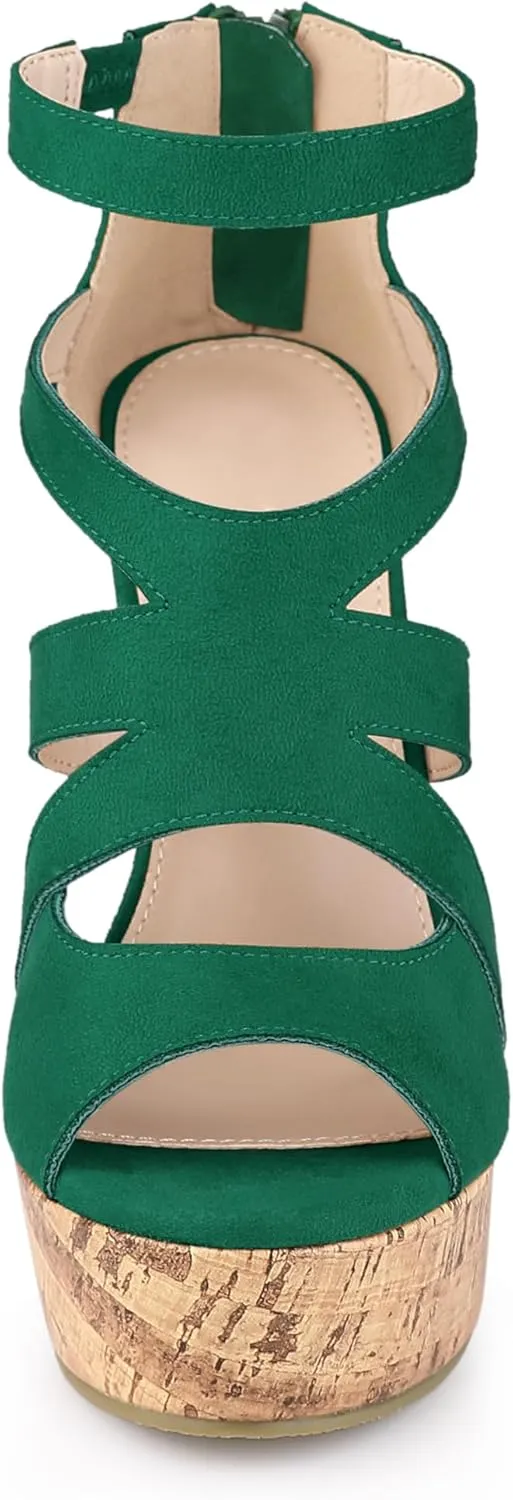 Allegra K Women's Platform Peep Toe Cutout Caged Cork Wedge Heel Sandals