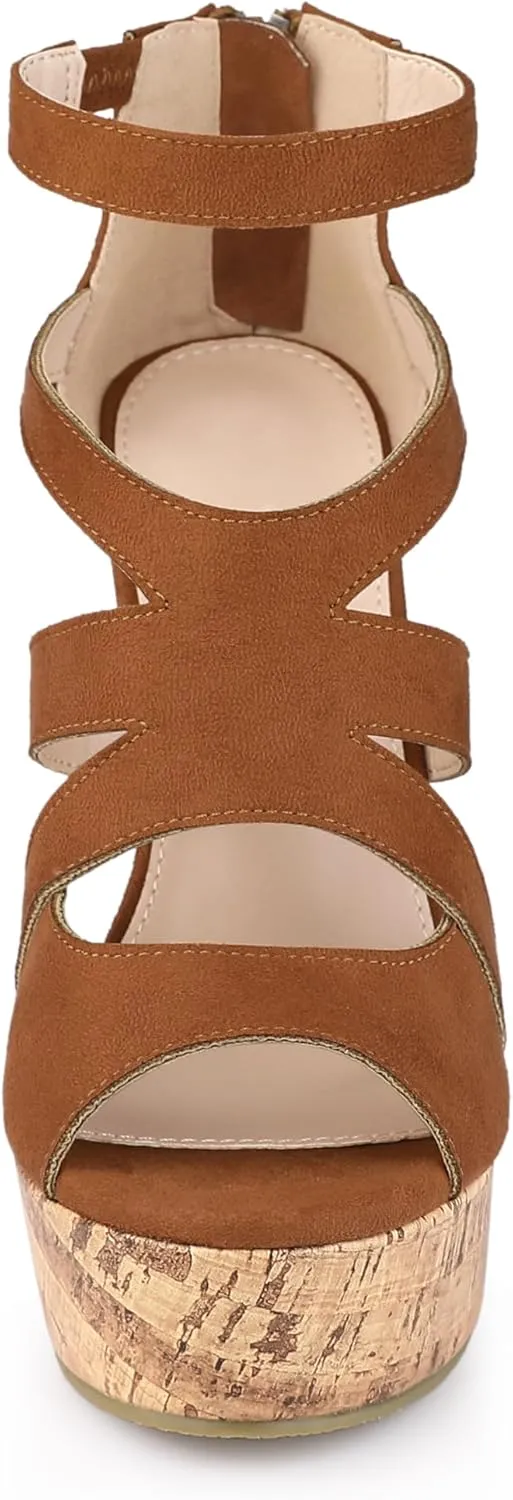 Allegra K Women's Platform Peep Toe Cutout Caged Cork Wedge Heel Sandals