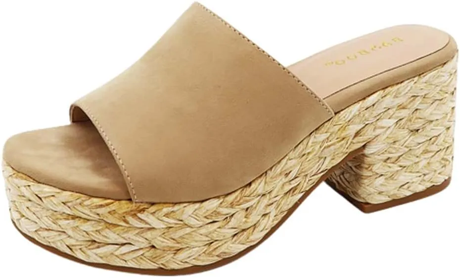 BAMBOO Womens platform raffia espadrille Chunky Block heel Slip on Sandals