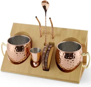 Barillio Moscow Mule Mugs Set - 2 Stainless Steel, Copper-Plated Cocktail Mugs with Bamboo Stand - Food-Safe, Moscow Mule Kit with Copper Cups, Drinking Straws and Mixing Spoon - 2 x 18 Oz