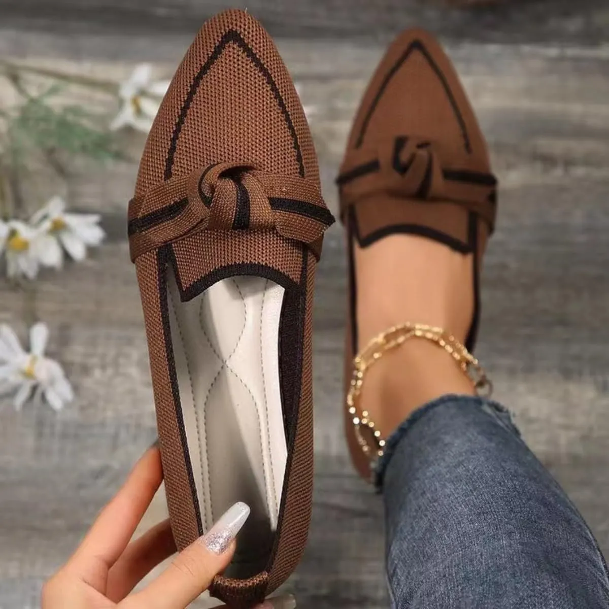 Bow Contrast Trim Point Toe Slip-On Loafers for Women