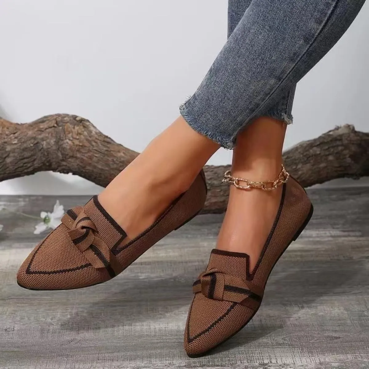 Bow Contrast Trim Point Toe Slip-On Loafers for Women