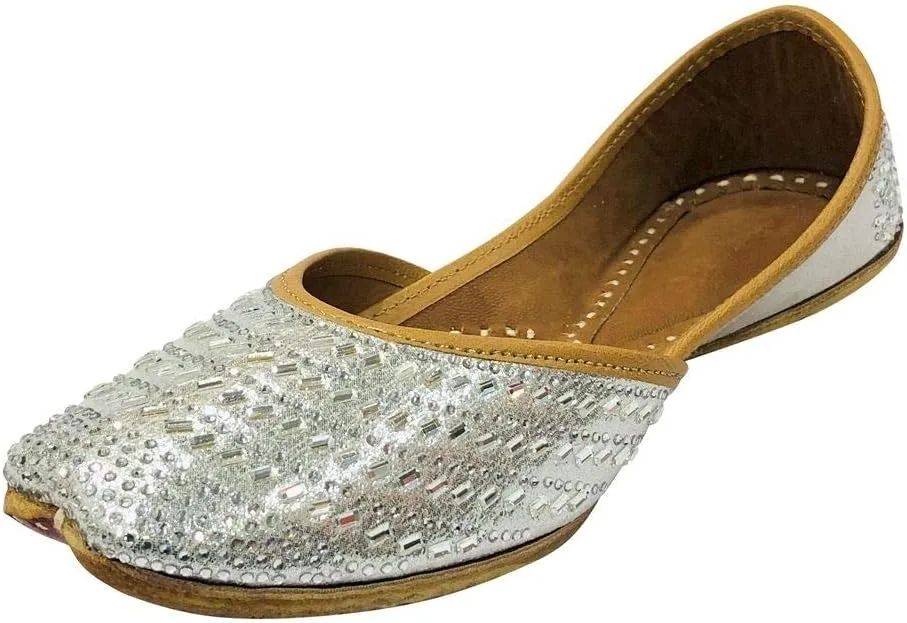 Bridal Shoes for Women Flat Silver Juttis Wedding Shoes Flat Mojaris Ethnic Shoes Beaded Sandals