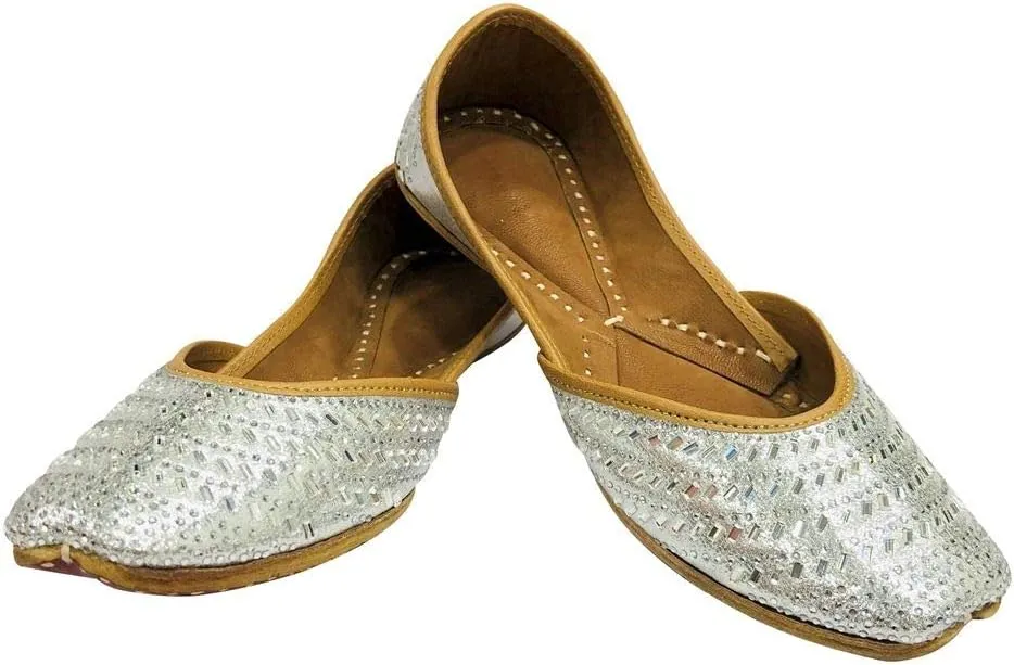 Bridal Shoes for Women Flat Silver Juttis Wedding Shoes Flat Mojaris Ethnic Shoes Beaded Sandals