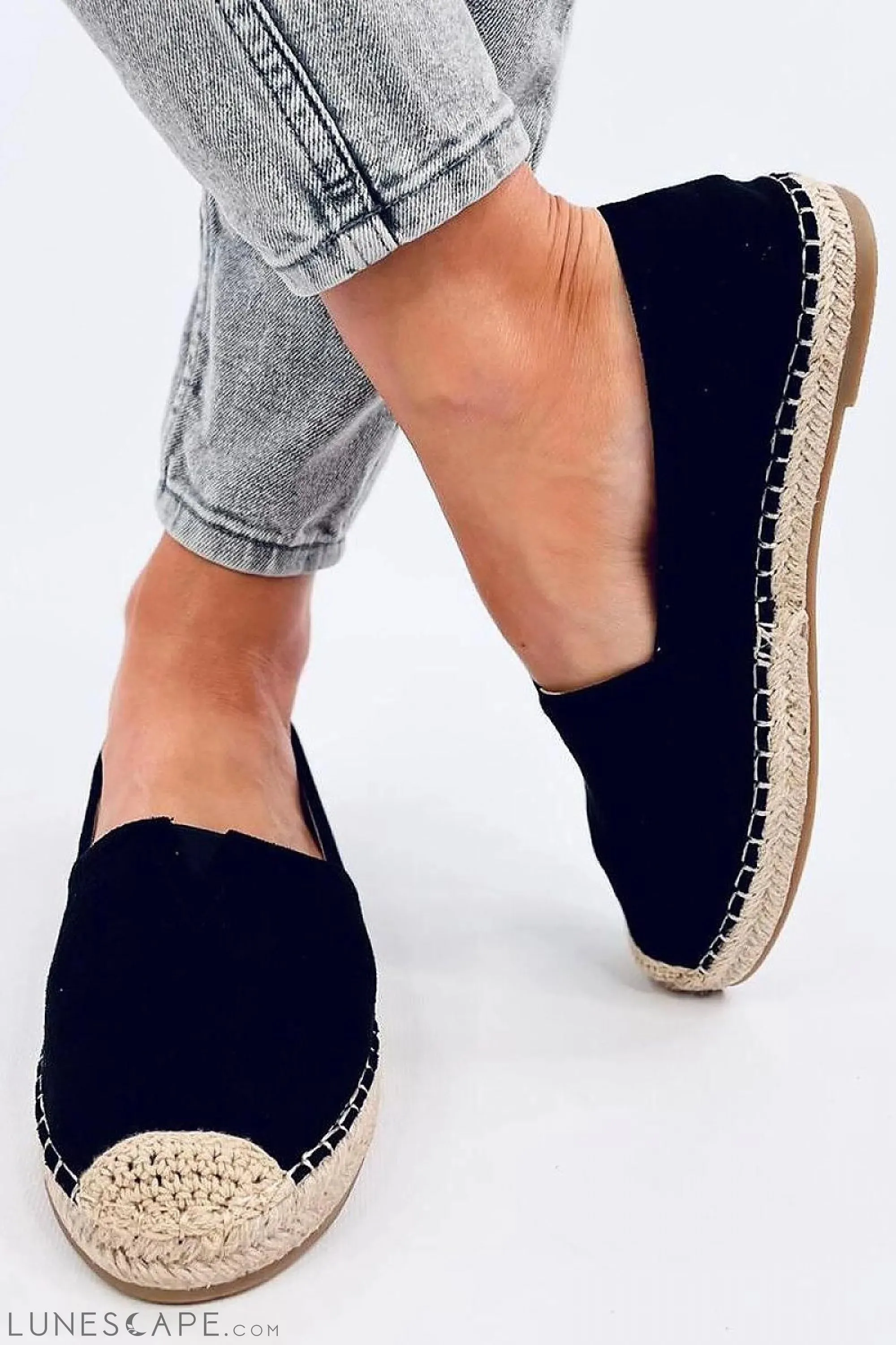Classic Black Eco-Suede Espadrille Flats – Jute Cap Toe & Braided Sole