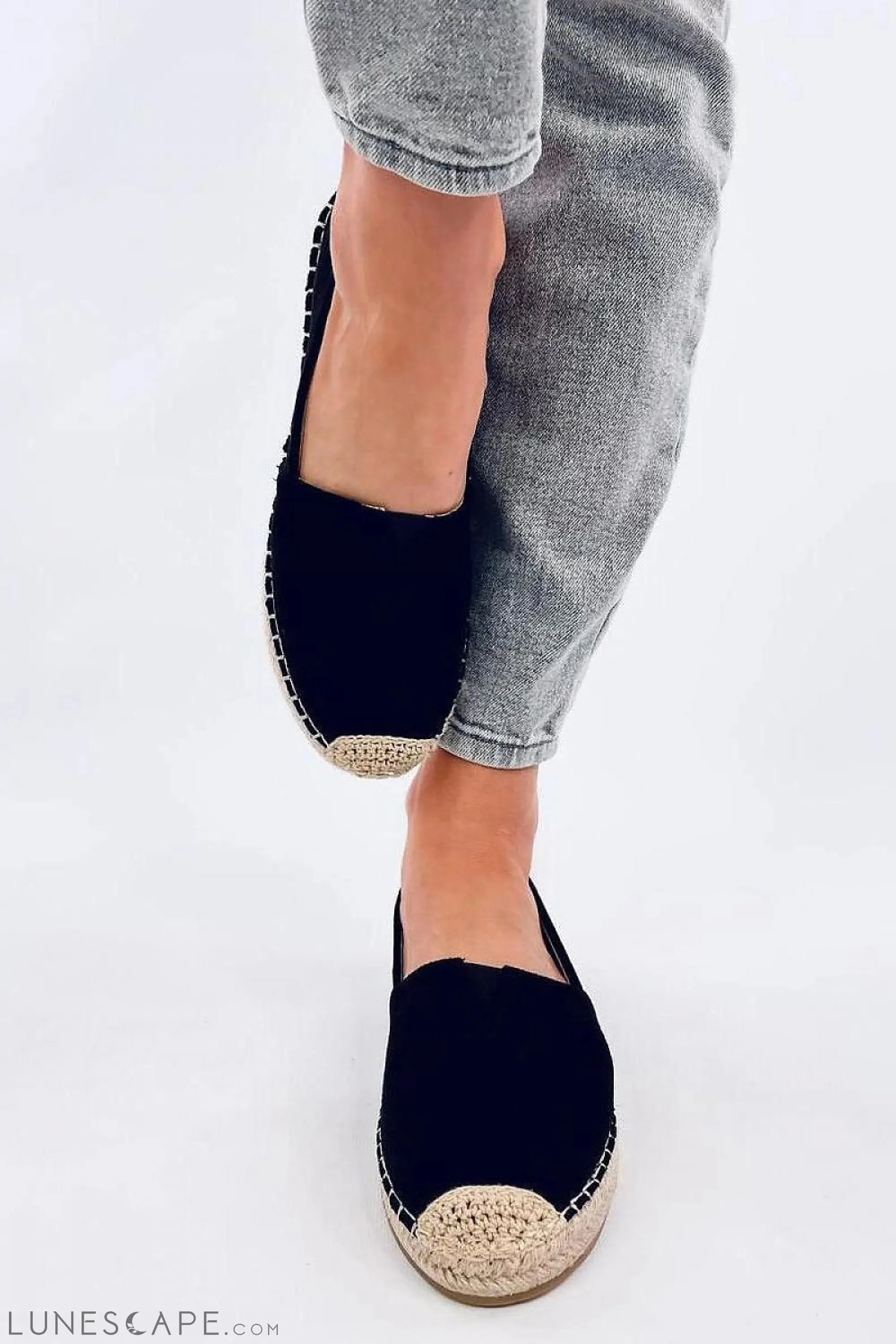 Classic Black Eco-Suede Espadrille Flats – Jute Cap Toe & Braided Sole