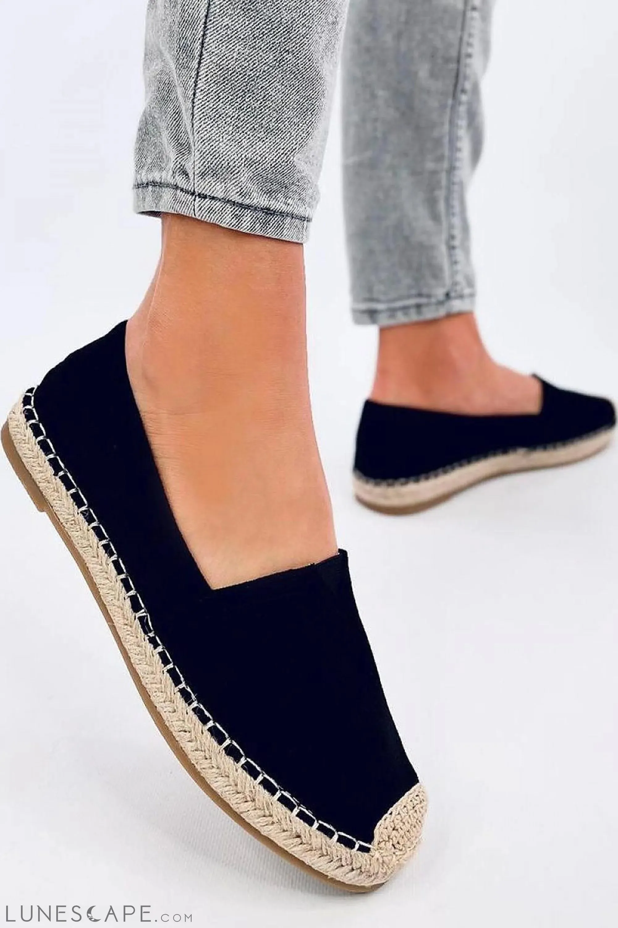 Classic Black Eco-Suede Espadrille Flats – Jute Cap Toe & Braided Sole