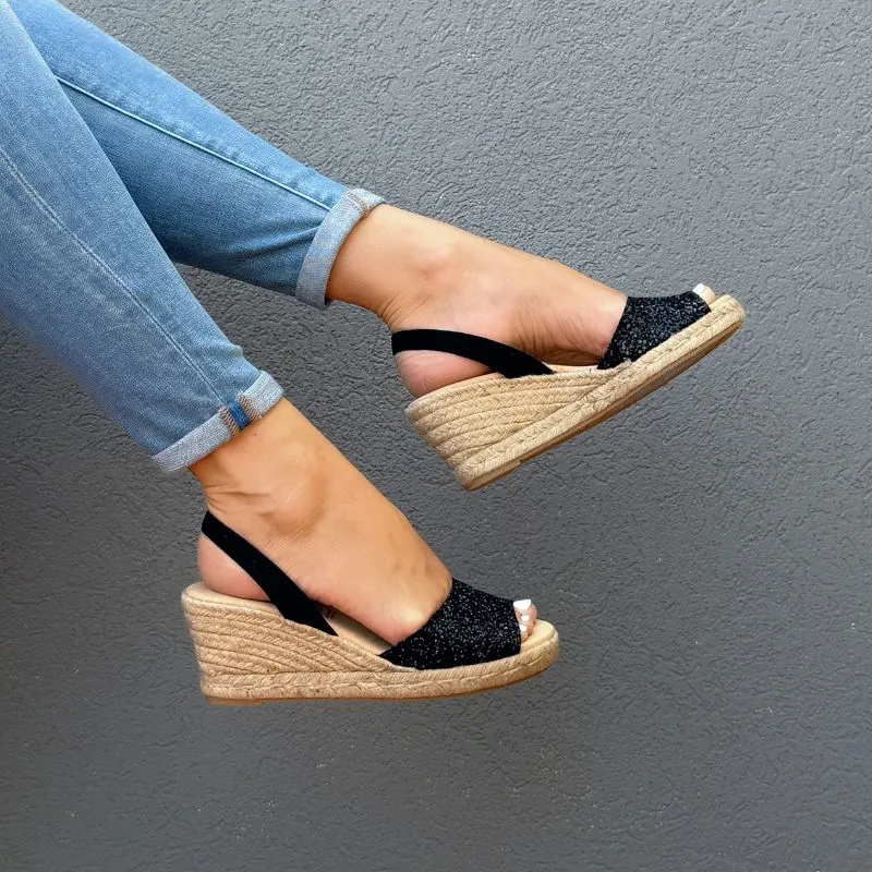 Classic Espadrille Wedge in Midnight Glitter (Vegan)