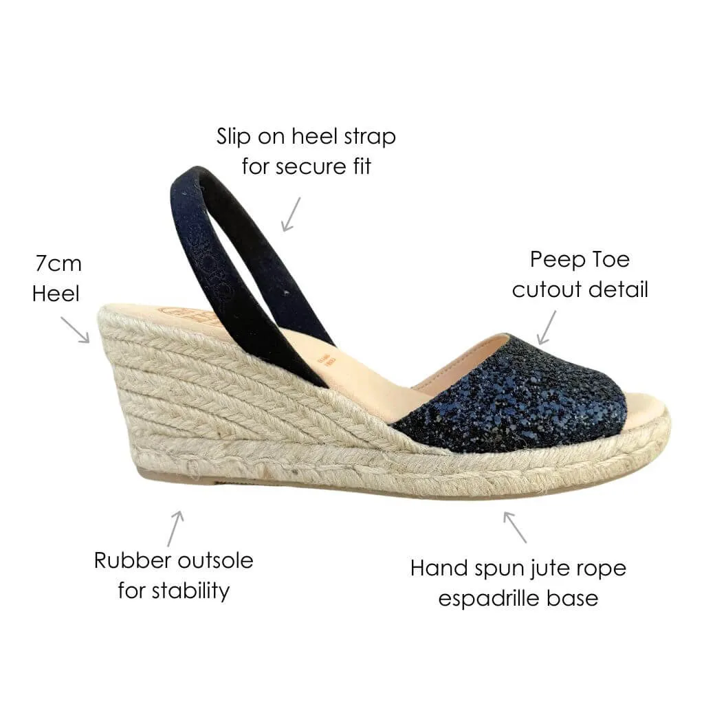 Classic Espadrille Wedge in Midnight Glitter (Vegan)