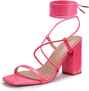 Elisabet Tang Women's Strappy Chunky Heels Sandals, 3 inch Low Block Heels Lace Up Ankle Wrap Heels Square Open Toe Tie Up Heeled Sandals Shoes