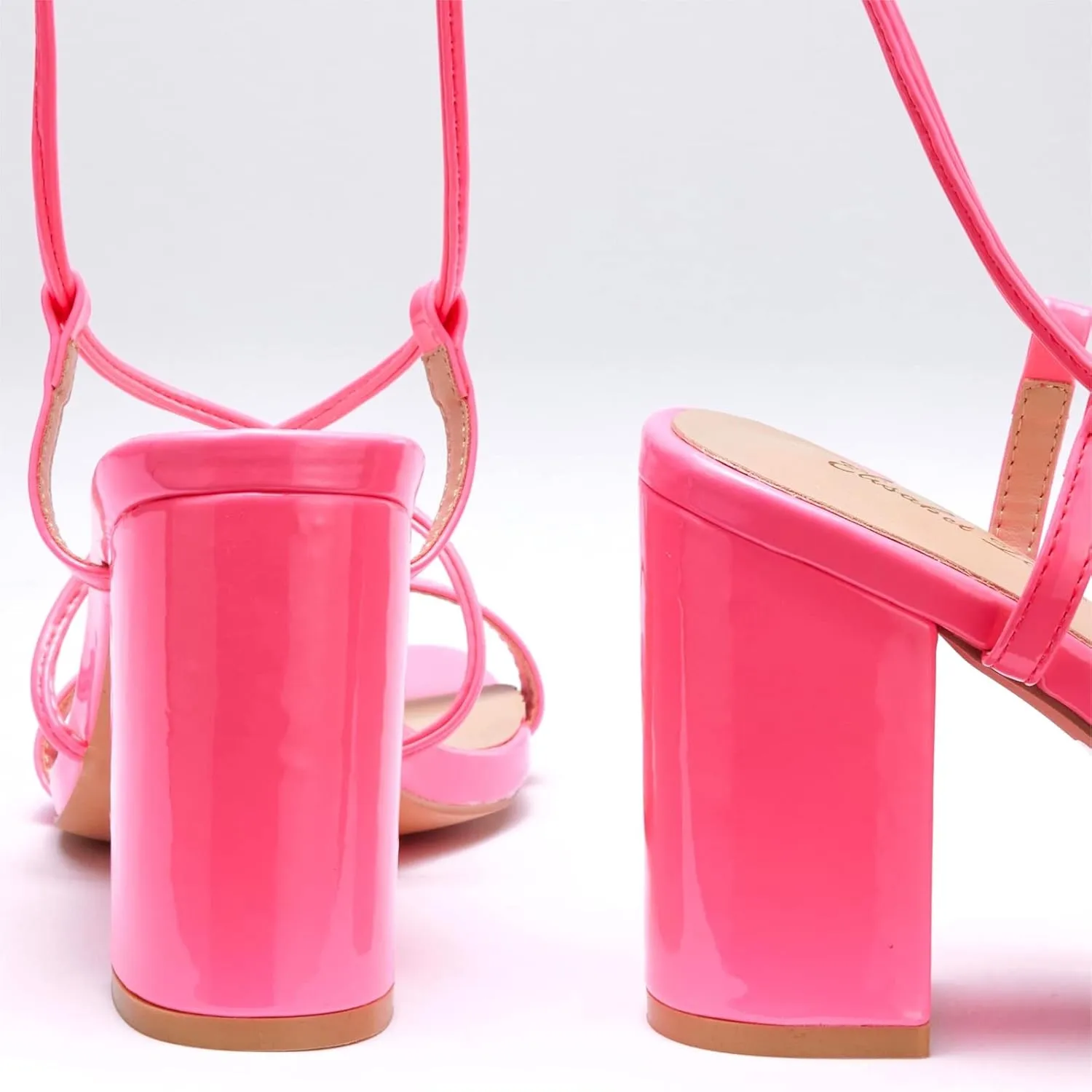 Elisabet Tang Women's Strappy Chunky Heels Sandals, 3 inch Low Block Heels Lace Up Ankle Wrap Heels Square Open Toe Tie Up Heeled Sandals Shoes