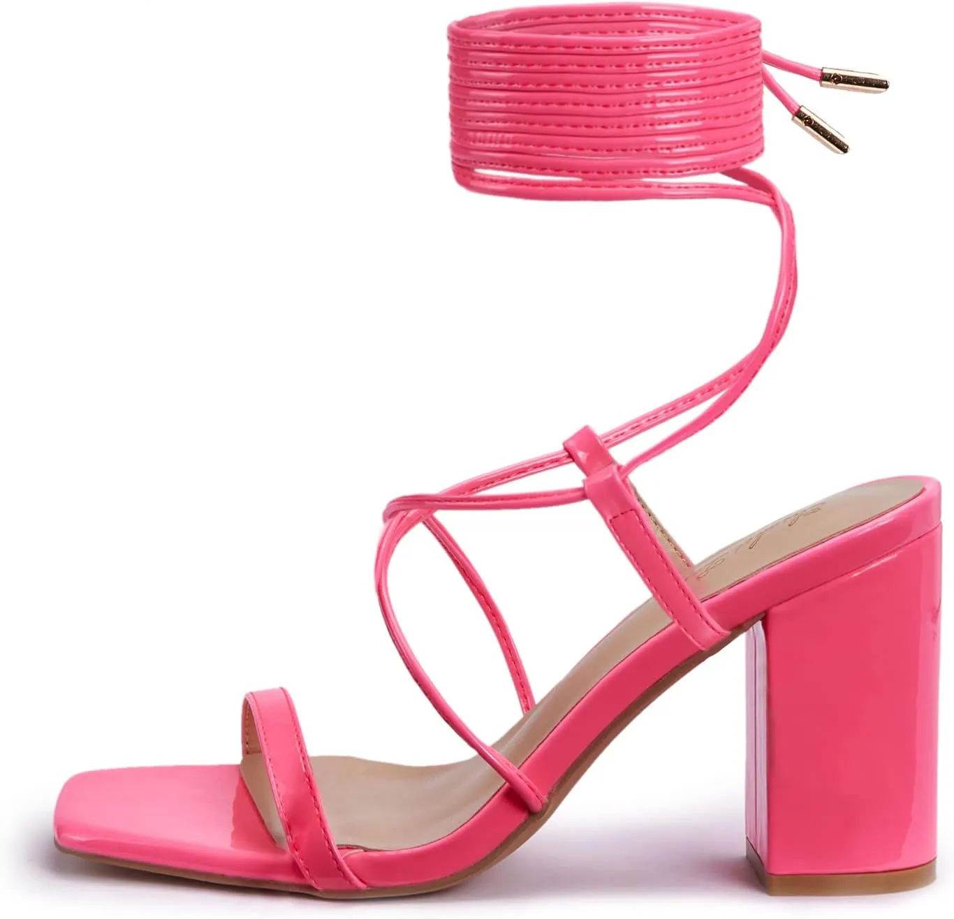 Elisabet Tang Women's Strappy Chunky Heels Sandals, 3 inch Low Block Heels Lace Up Ankle Wrap Heels Square Open Toe Tie Up Heeled Sandals Shoes