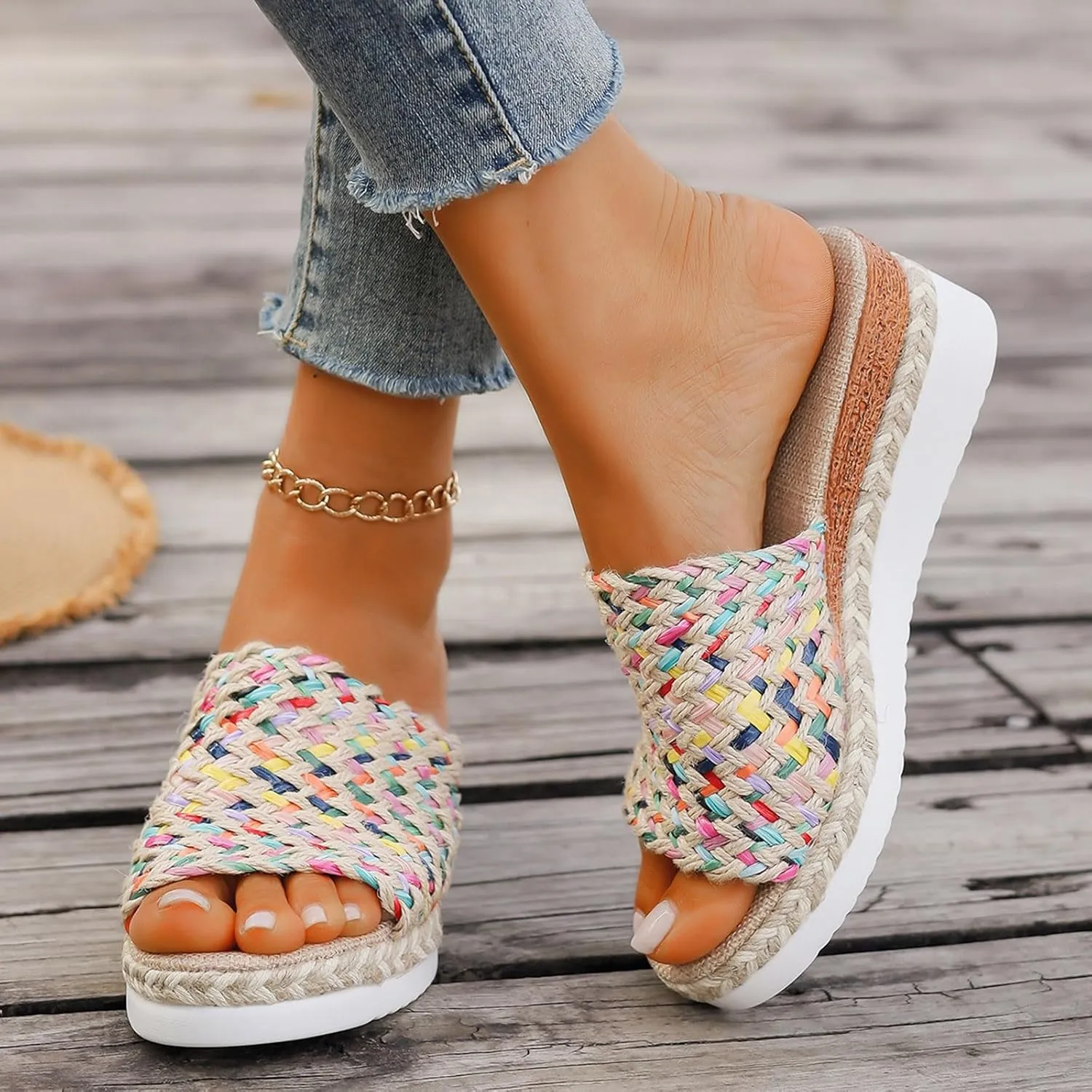Espadrilles Wedge Sandals for Women,2025 Orthopedic Woven Open Toe Casual Slip On Sandals Fashionable Comfortable Wide Width Walking Dress Shoes for Beach Vacation