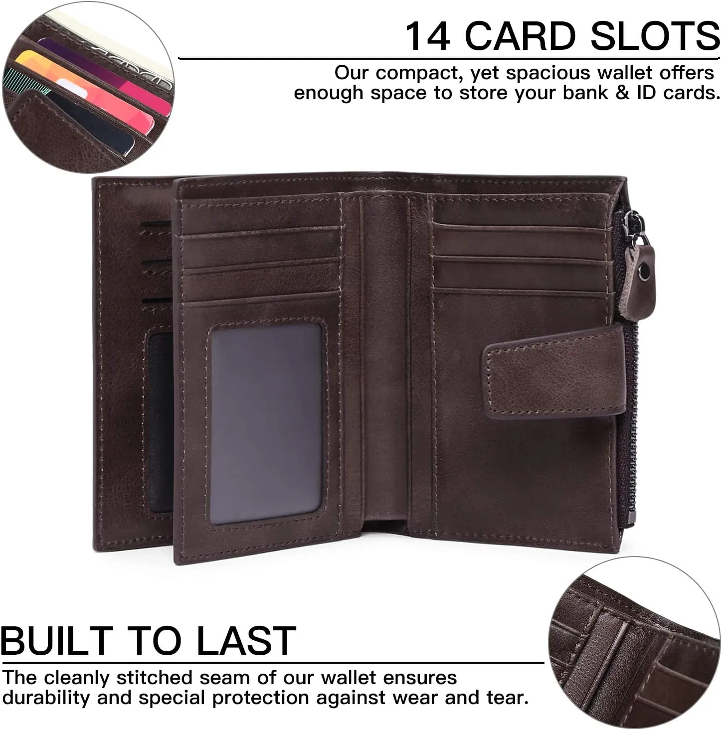 FALAN MULE Wallet for Men Genuine Leather RFID Blocking Mens Wallet with Zipper Coin Pocket ID Window