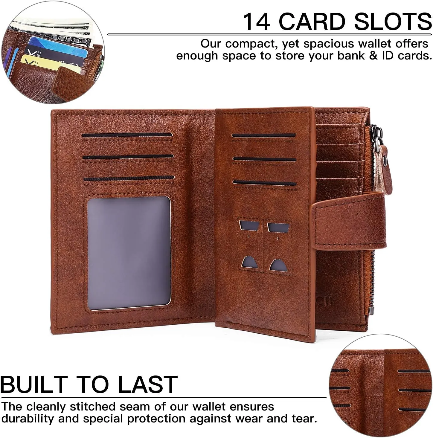 FALAN MULE Wallet for Men Genuine Leather RFID Blocking Mens Wallet with Zipper Coin Pocket ID Window