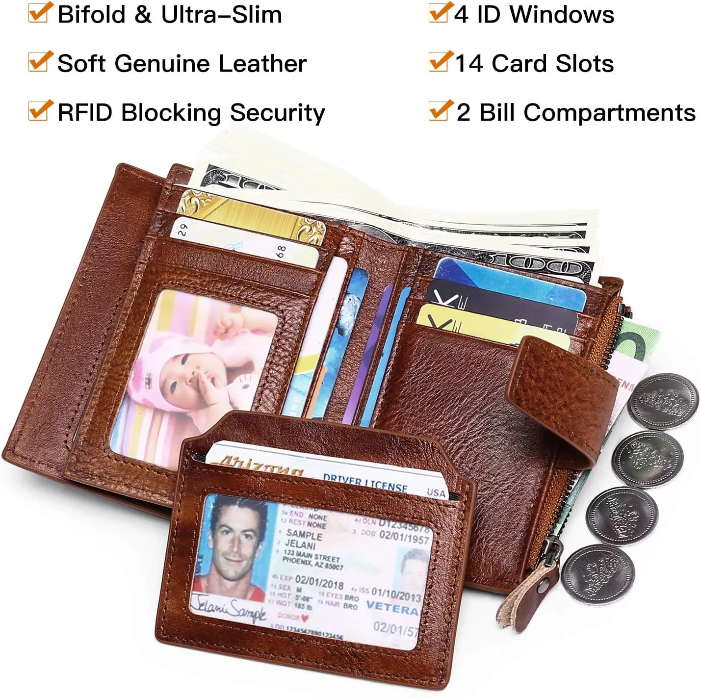 FALAN MULE Wallet for Men Genuine Leather RFID Blocking Mens Wallet with Zipper Coin Pocket ID Window