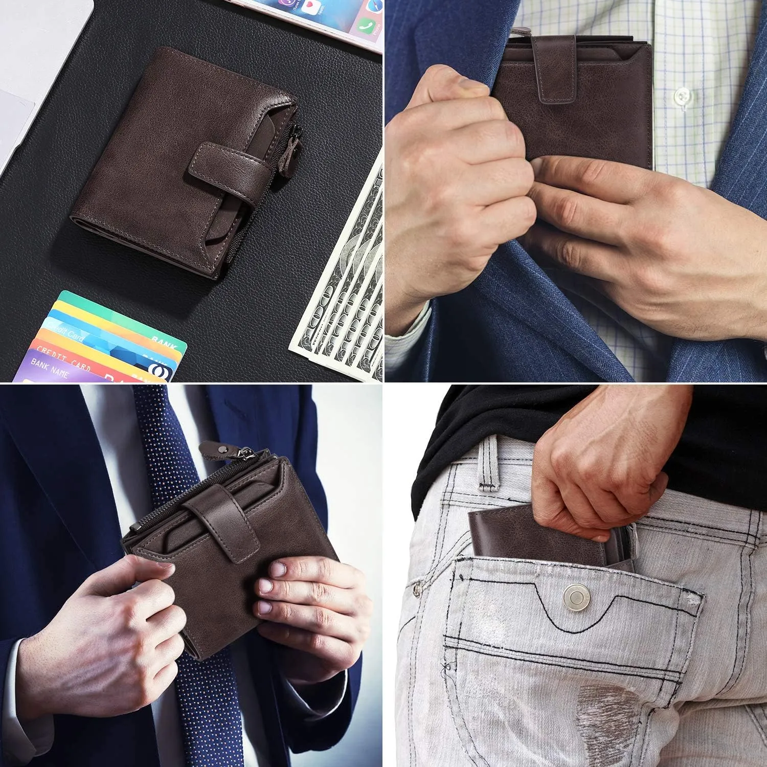 FALAN MULE Wallet for Men Genuine Leather RFID Blocking Mens Wallet with Zipper Coin Pocket ID Window
