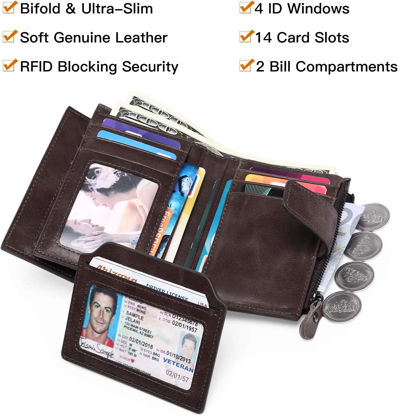 FALAN MULE Wallet for Men Genuine Leather RFID Blocking Mens Wallet with Zipper Coin Pocket ID Window