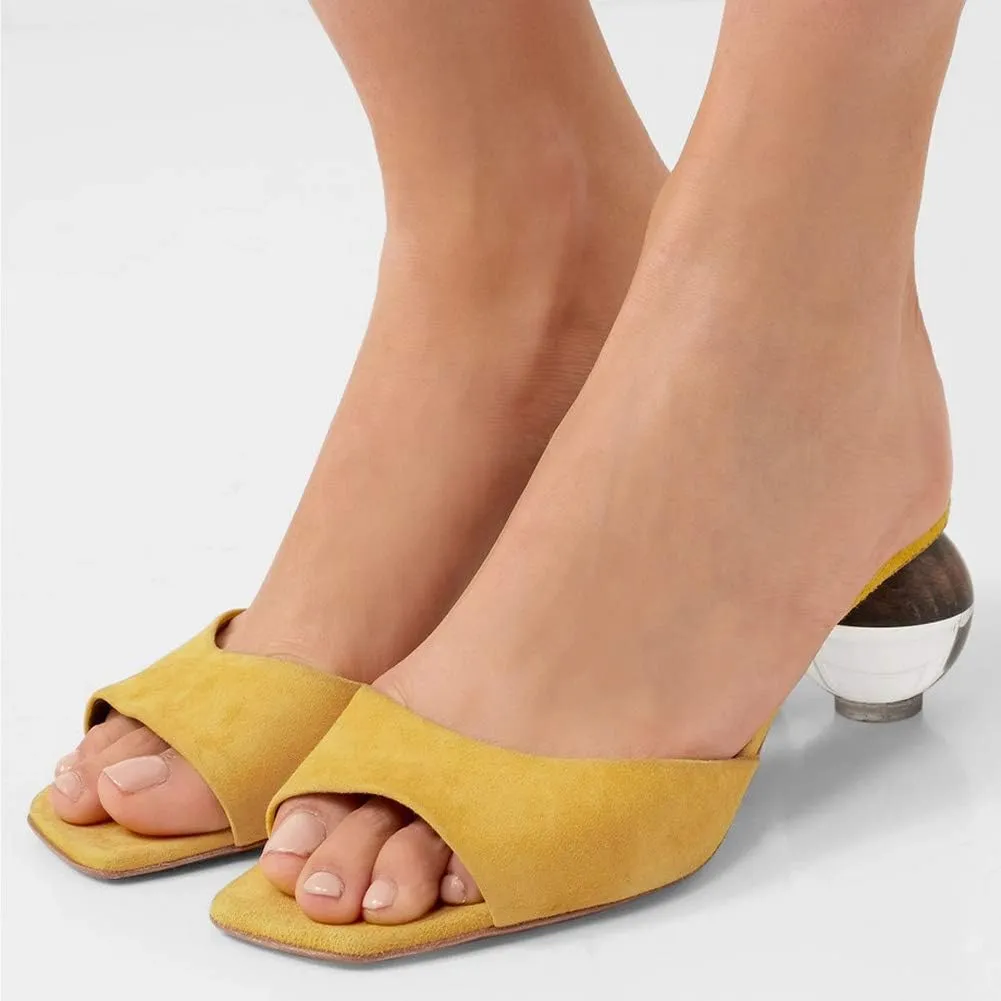 Fericzot Mule Shoes Spherical Clear Heel Sandals Square Toe Slippers Slip On Pumps Slingback Wedding Dress Shoes
