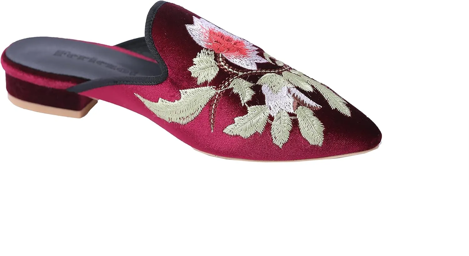 Fericzot Women's Velvet Backless Pointed Toe Slip On Loafers Flats Embroidery Mule Slippers Shoes