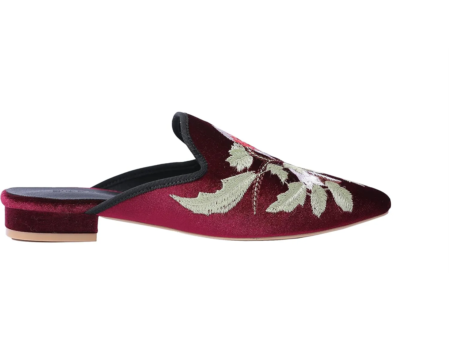 Fericzot Women's Velvet Backless Pointed Toe Slip On Loafers Flats Embroidery Mule Slippers Shoes