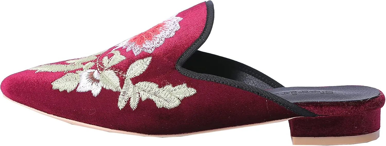 Fericzot Women's Velvet Backless Pointed Toe Slip On Loafers Flats Embroidery Mule Slippers Shoes