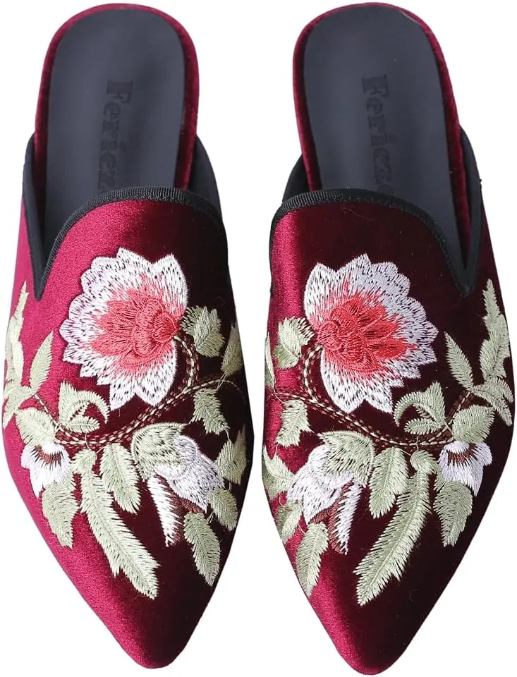 Fericzot Women's Velvet Backless Pointed Toe Slip On Loafers Flats Embroidery Mule Slippers Shoes