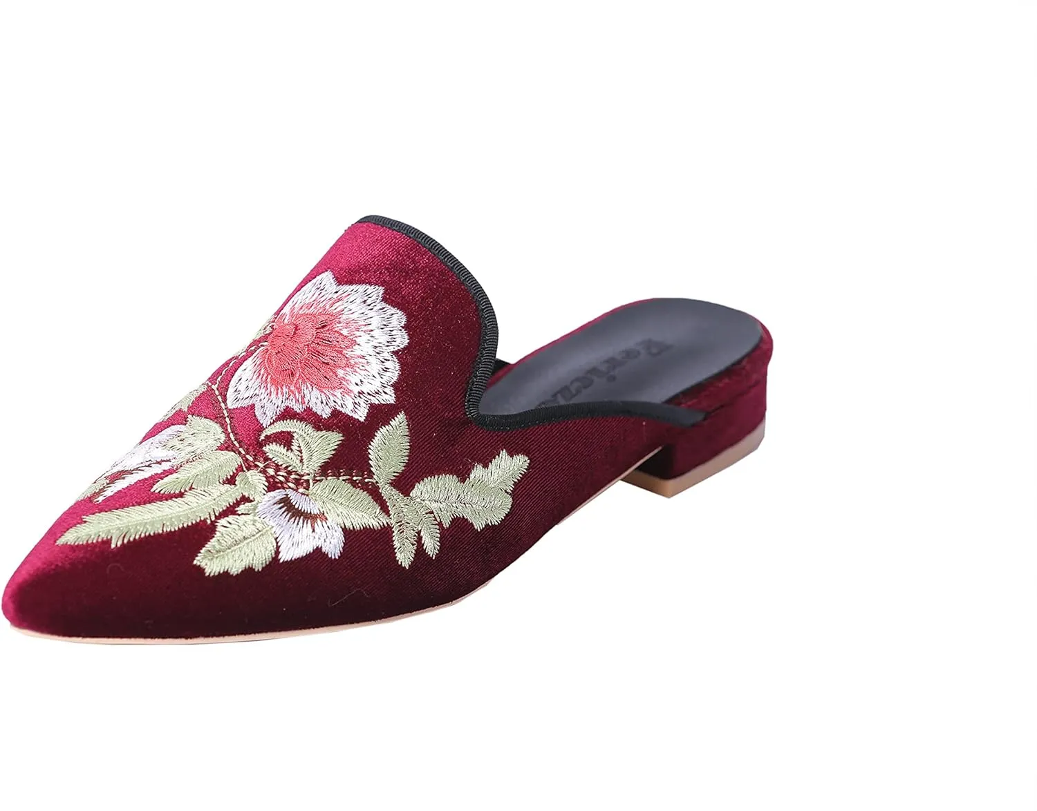 Fericzot Women's Velvet Backless Pointed Toe Slip On Loafers Flats Embroidery Mule Slippers Shoes