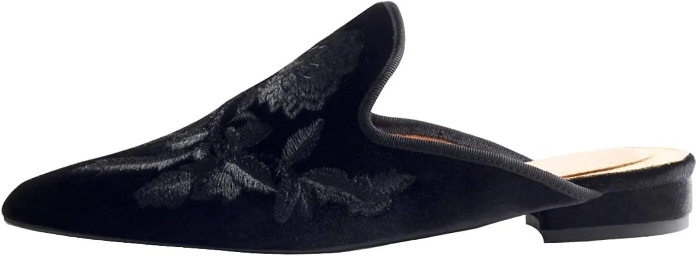 Fericzot Women's Velvet Backless Pointed Toe Slip On Loafers Flats Embroidery Mule Slippers Shoes
