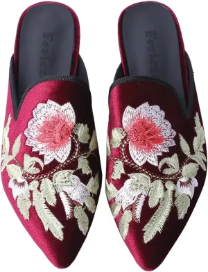 Fericzot Women's Velvet Backless Pointed Toe Slip On Loafers Flats Embroidery Mule Slippers Shoes