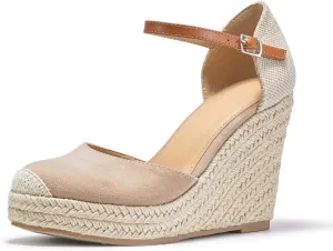 FISACE Womens Summer Espadrille Heel Platform Wedge Sandals Ankle Buckle Strap Closed Toe Shoes