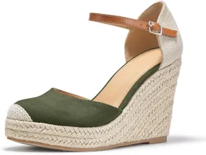 FISACE Womens Summer Espadrille Heel Platform Wedge Sandals Ankle Buckle Strap Closed Toe Shoes