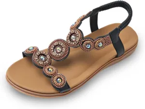 Flip Flops Sandals for Women Dressy Summer Flat Sandals Rhinestone Beaded Sandal Elastic Ankle Strap Beach Shoes