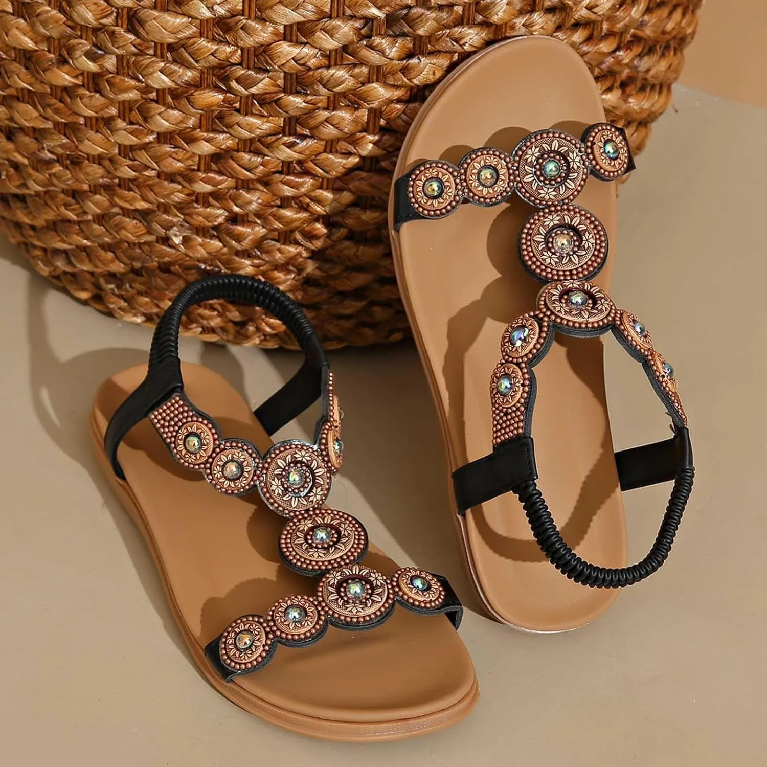 Flip Flops Sandals for Women Dressy Summer Flat Sandals Rhinestone Beaded Sandal Elastic Ankle Strap Beach Shoes