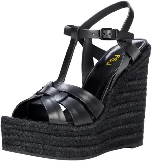 FSJ Women Elegant Open Toe Espadrille Platform Ankle Strap Wedge Sandals Woven Cutout Casual Summer Dress Comfort Shoes Size 4-16 US