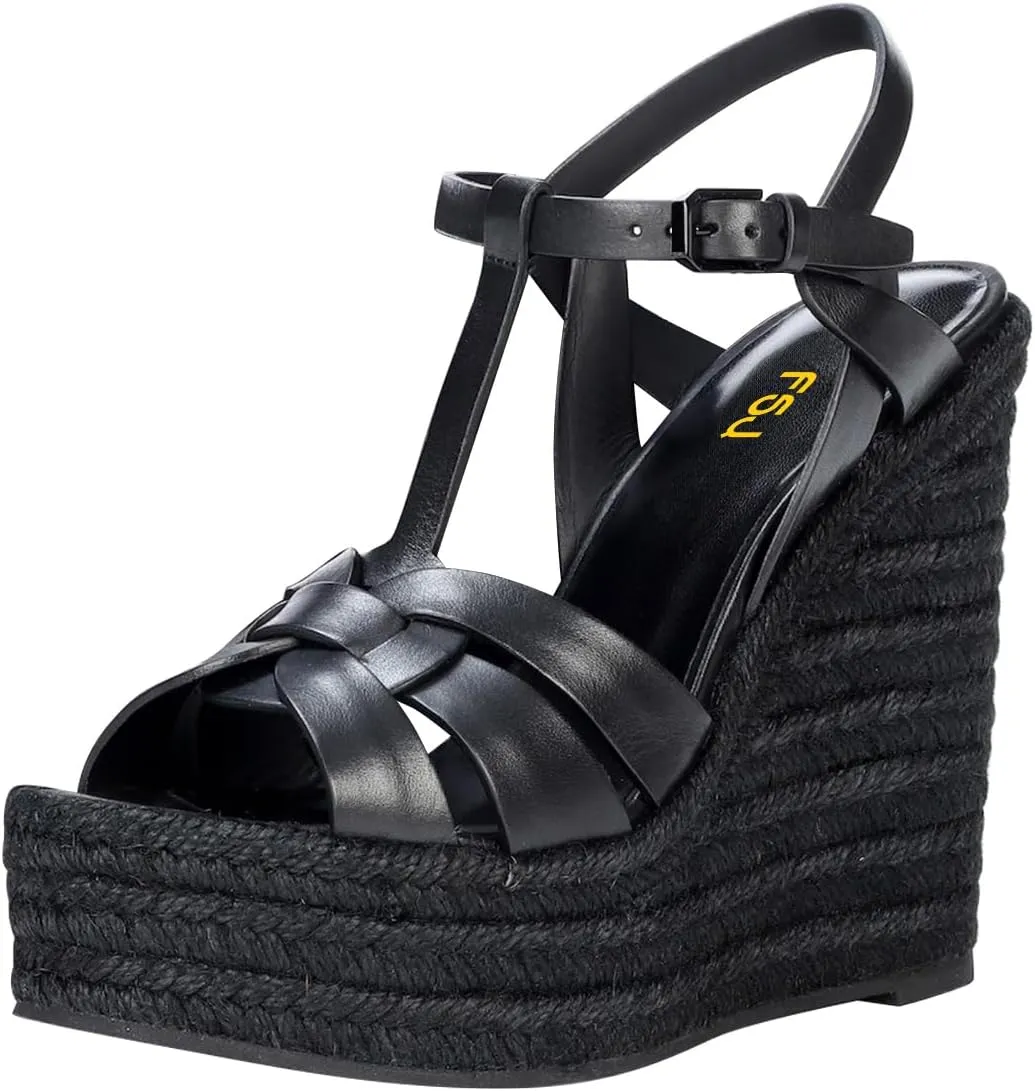 FSJ Women Elegant Open Toe Espadrille Platform Ankle Strap Wedge Sandals Woven Cutout Casual Summer Dress Comfort Shoes Size 4-16 US