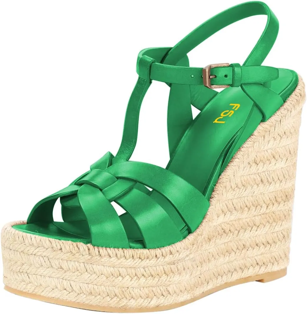 FSJ Women Elegant Open Toe Espadrille Platform Ankle Strap Wedge Sandals Woven Cutout Casual Summer Dress Comfort Shoes Size 4-16 US