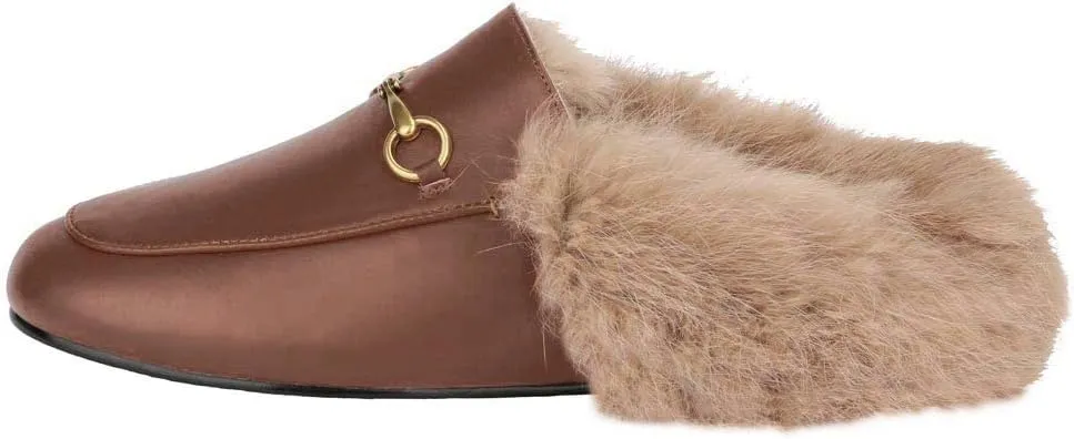Fur Mules for Women Chain Leather Low Heel Mule Fluffy Comfort Loafers Casual Slip-on Flat Shoes