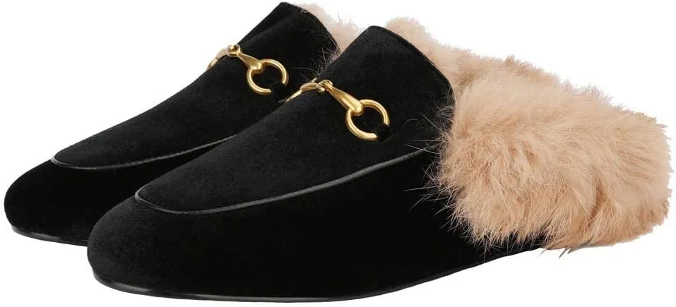 Fur Mules for Women Chain Leather Low Heel Mule Fluffy Comfort Loafers Casual Slip-on Flat Shoes