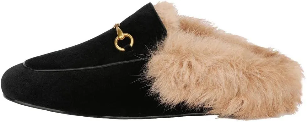 Fur Mules for Women Chain Leather Low Heel Mule Fluffy Comfort Loafers Casual Slip-on Flat Shoes
