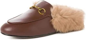 Fur Mules for Women Chain Leather Low Heel Mule Fluffy Comfort Loafers Casual Slip-on Flat Shoes