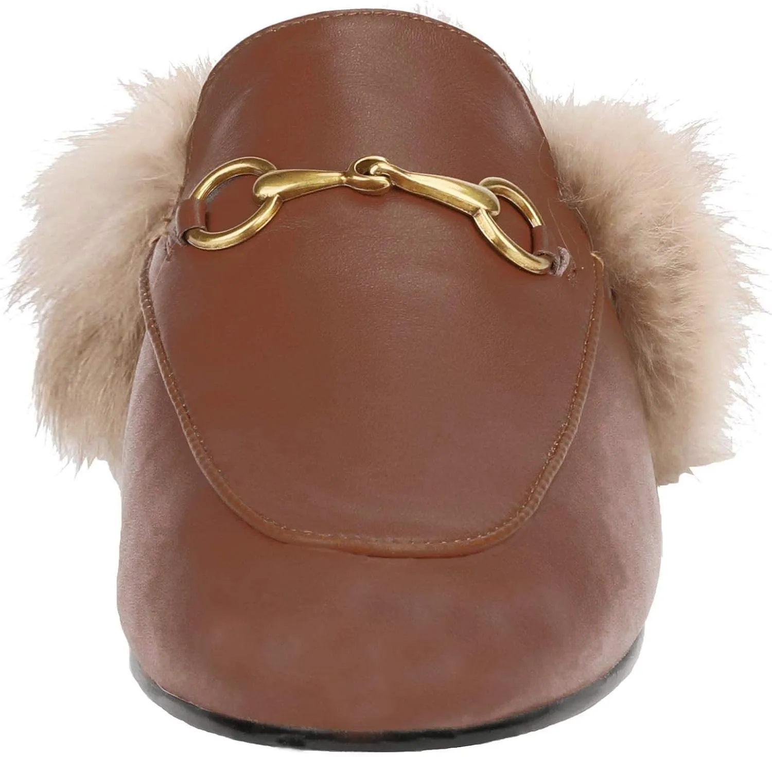 Fur Mules for Women Chain Leather Low Heel Mule Fluffy Comfort Loafers Casual Slip-on Flat Shoes