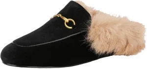 Fur Mules for Women Chain Leather Low Heel Mule Fluffy Comfort Loafers Casual Slip-on Flat Shoes