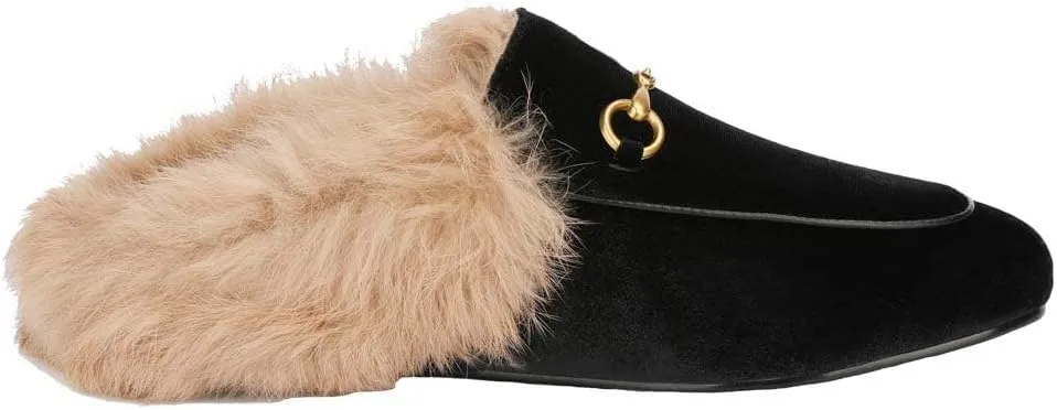 Fur Mules for Women Chain Leather Low Heel Mule Fluffy Comfort Loafers Casual Slip-on Flat Shoes