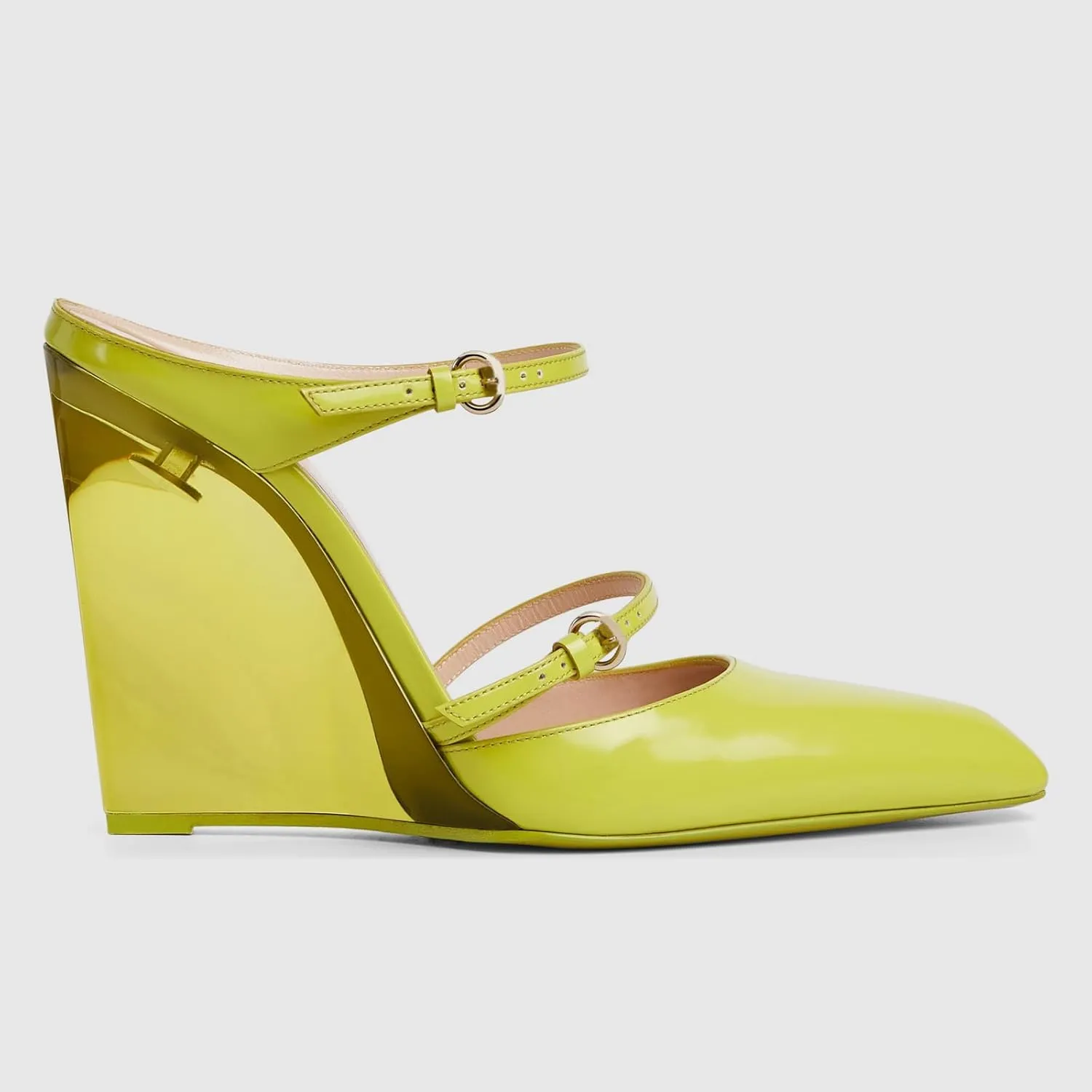 Goolita Clear Wedge Heels for Women, Closed Pointed Toe Mule Heels with Buckle Strap Sexy Backless Slip On Party Evening Shoes