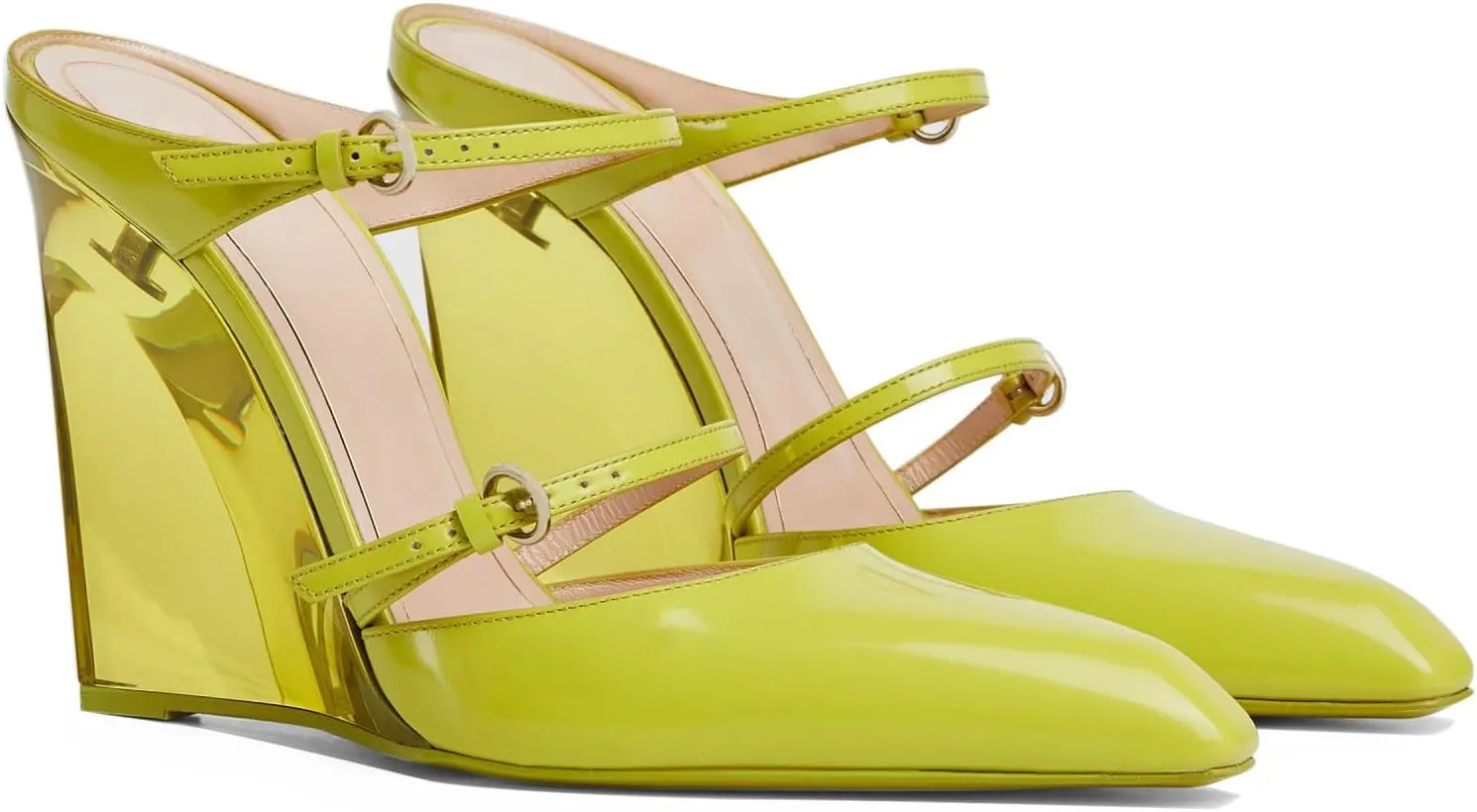 Goolita Clear Wedge Heels for Women, Closed Pointed Toe Mule Heels with Buckle Strap Sexy Backless Slip On Party Evening Shoes
