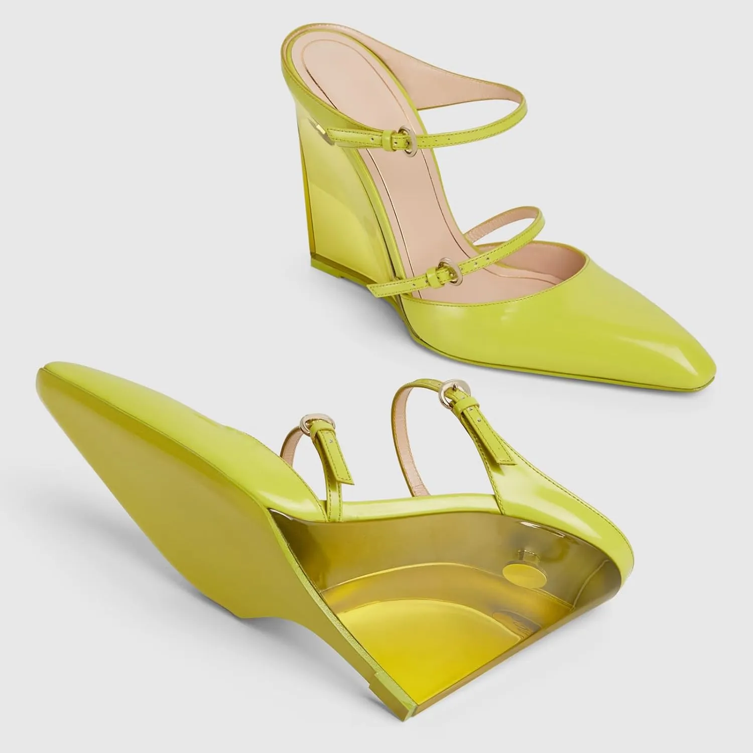 Goolita Clear Wedge Heels for Women, Closed Pointed Toe Mule Heels with Buckle Strap Sexy Backless Slip On Party Evening Shoes