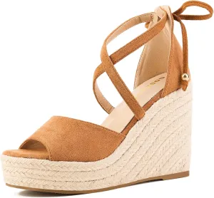 GOSERCE Wedge Sandals for Women Espadrille Platform Sandals Comfortable Lace Up Peep Open Toe for Walking Beach Casual Dressy Summer Shoes