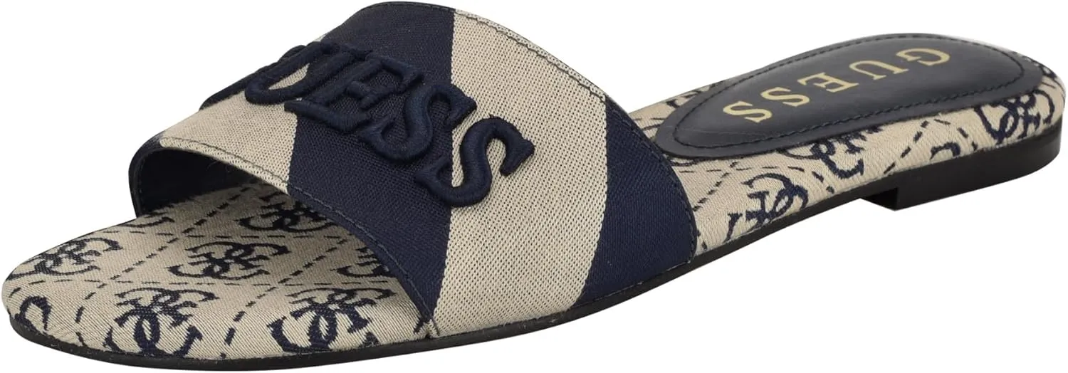 Guess Women's HARINI Flat Sandal, Dark Blue/White Stripe Multi 400, 8