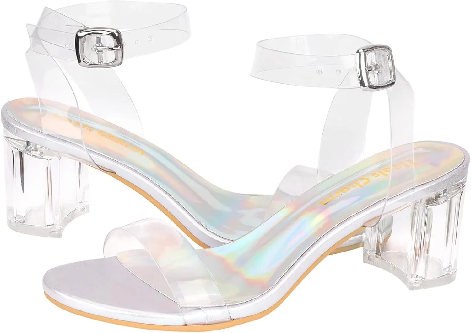Heels Charm Women's Strappy Clear Chunky Clear Block Low Heeled Sandals 2 Inches Open Toe Ankle Strap High Heel Dress Sandals Daily Work Party Sandal Shoes